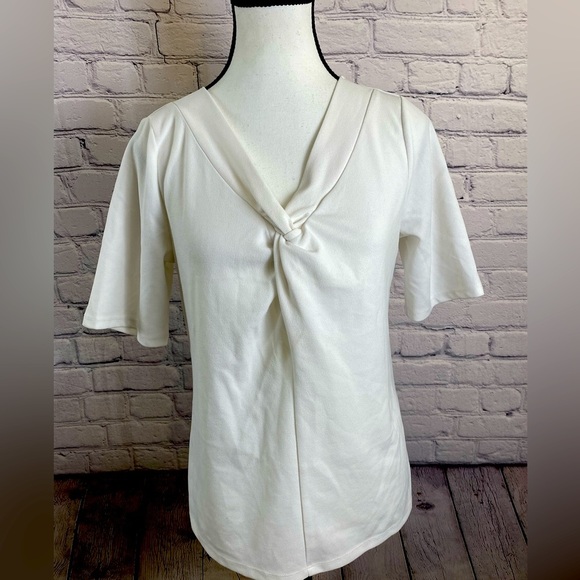 Talbots V Neck Blouse Short Sleeved Shirt Knot Detail White size Small EUC - Picture 1 of 9